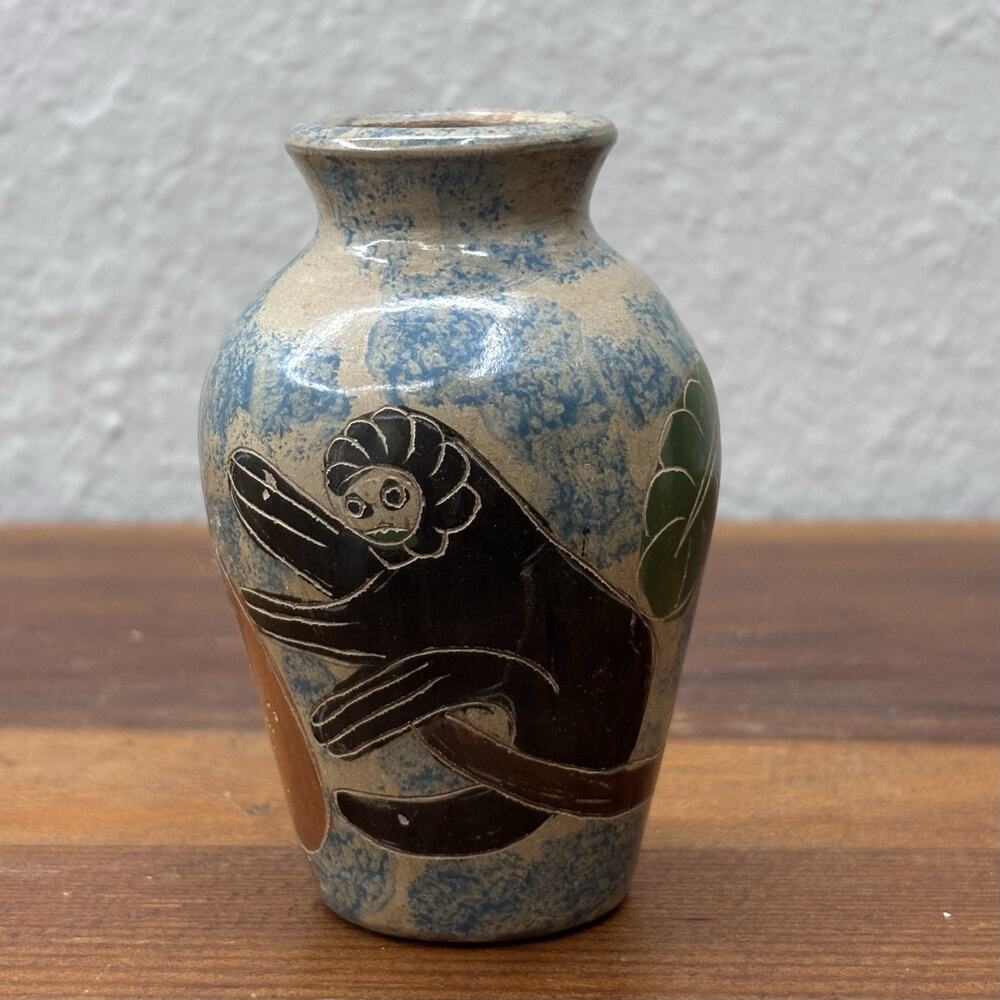 Costa Rican Art Pottery Vase Orange Fruit And Monkey